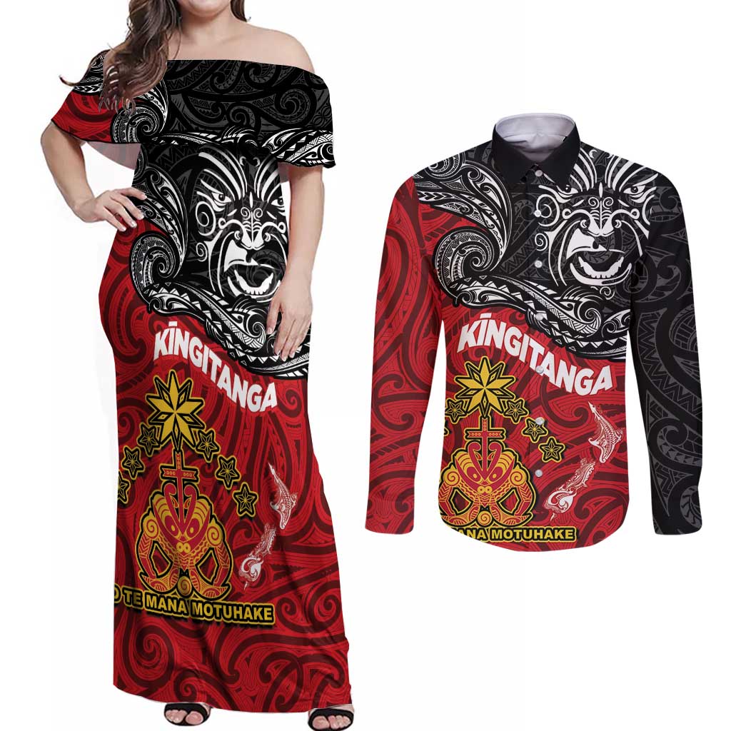 The Kingitanga - Maori King Movement Couples Matching Off Shoulder Maxi Dress and Long Sleeve Button Shirt Ko Te Mana Motuhake Emblem with Moko and Polynesian Art Tattoo