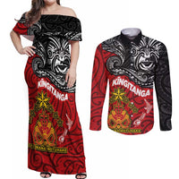 The Kingitanga - Maori King Movement Couples Matching Off Shoulder Maxi Dress and Long Sleeve Button Shirt Ko Te Mana Motuhake Emblem with Moko and Polynesian Art Tattoo