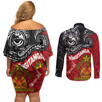 The Kingitanga - Maori King Movement Couples Matching Off Shoulder Short Dress and Long Sleeve Button Shirt Ko Te Mana Motuhake Emblem with Moko and Polynesian Art Tattoo