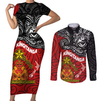 The Kingitanga - Maori King Movement Couples Matching Short Sleeve Bodycon Dress and Long Sleeve Button Shirt Ko Te Mana Motuhake Emblem with Moko and Polynesian Art Tattoo