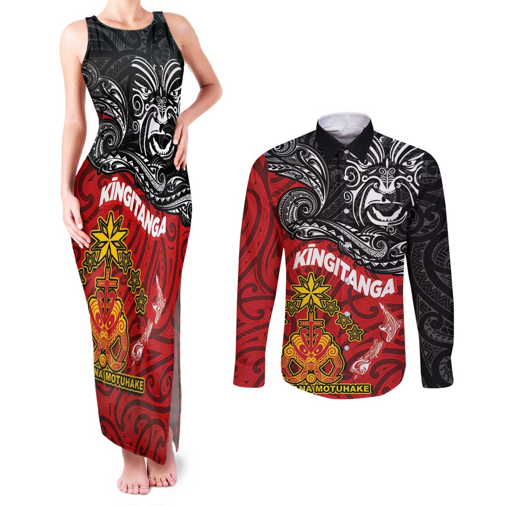 The Kingitanga - Maori King Movement Couples Matching Tank Maxi Dress and Long Sleeve Button Shirt Ko Te Mana Motuhake Emblem with Moko and Polynesian Art Tattoo