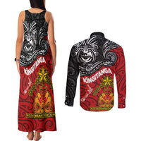 The Kingitanga - Maori King Movement Couples Matching Tank Maxi Dress and Long Sleeve Button Shirt Ko Te Mana Motuhake Emblem with Moko and Polynesian Art Tattoo