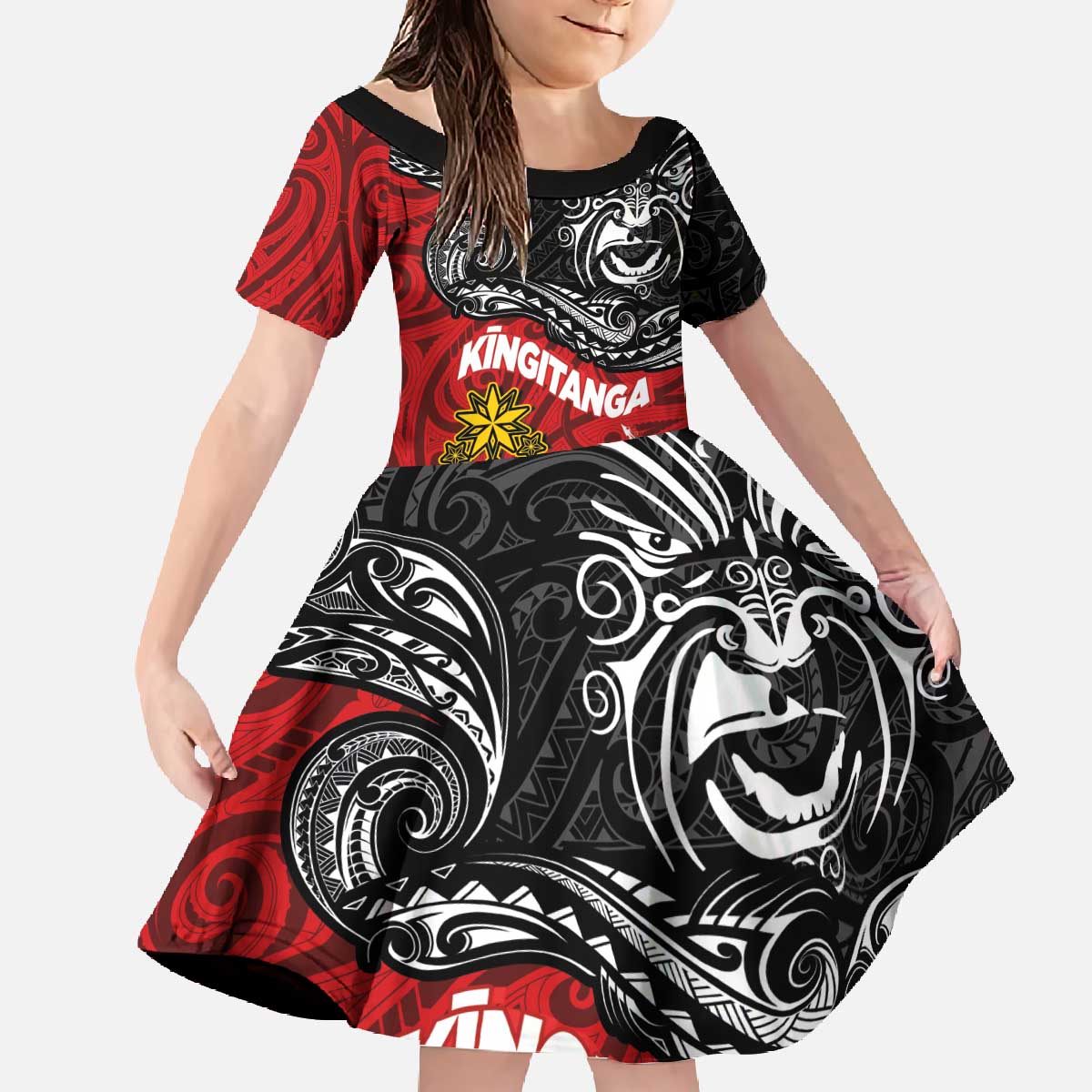 Maori King Movement Family Matching Off The Shoulder Long Sleeve Dress and Hawaiian Shirt Ko Te Mana Motuhake Emblem with Moko and Polynesian Art Tattoo LT03 Daughter's Dress Red - Polynesian Pride