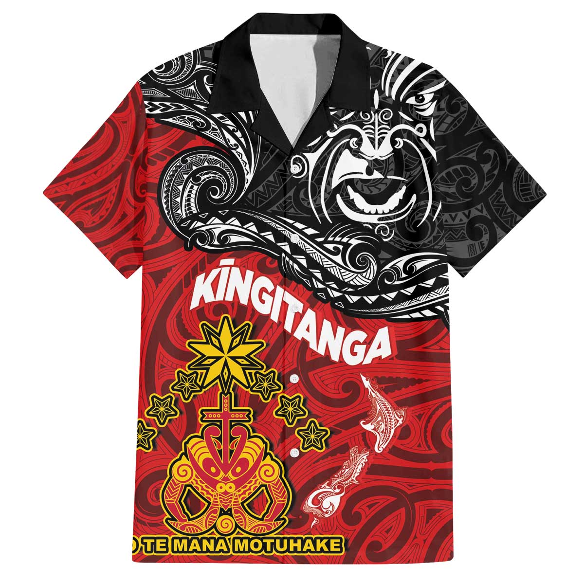 Maori King Movement Family Matching Off The Shoulder Long Sleeve Dress and Hawaiian Shirt Ko Te Mana Motuhake Emblem with Moko and Polynesian Art Tattoo LT03 Dad's Shirt - Short Sleeve Red - Polynesian Pride