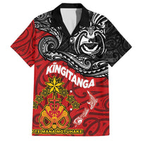 Maori King Movement Family Matching Off The Shoulder Long Sleeve Dress and Hawaiian Shirt Ko Te Mana Motuhake Emblem with Moko and Polynesian Art Tattoo LT03 Dad's Shirt - Short Sleeve Red - Polynesian Pride