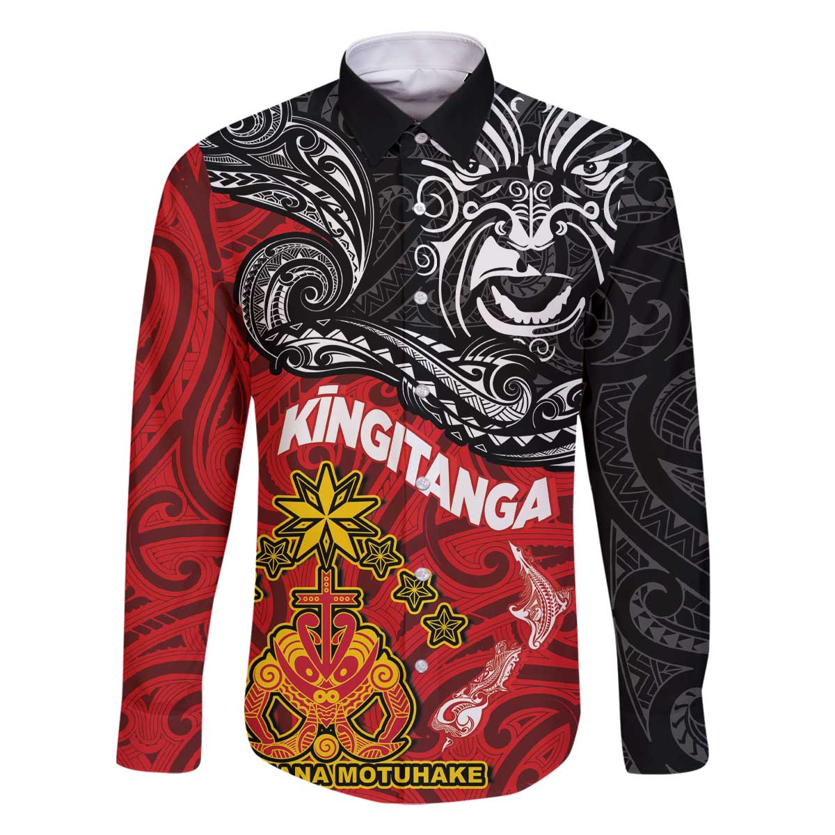 Maori King Movement Family Matching Off The Shoulder Long Sleeve Dress and Hawaiian Shirt Ko Te Mana Motuhake Emblem with Moko and Polynesian Art Tattoo LT03 Dad's Shirt - Long Sleeve Red - Polynesian Pride