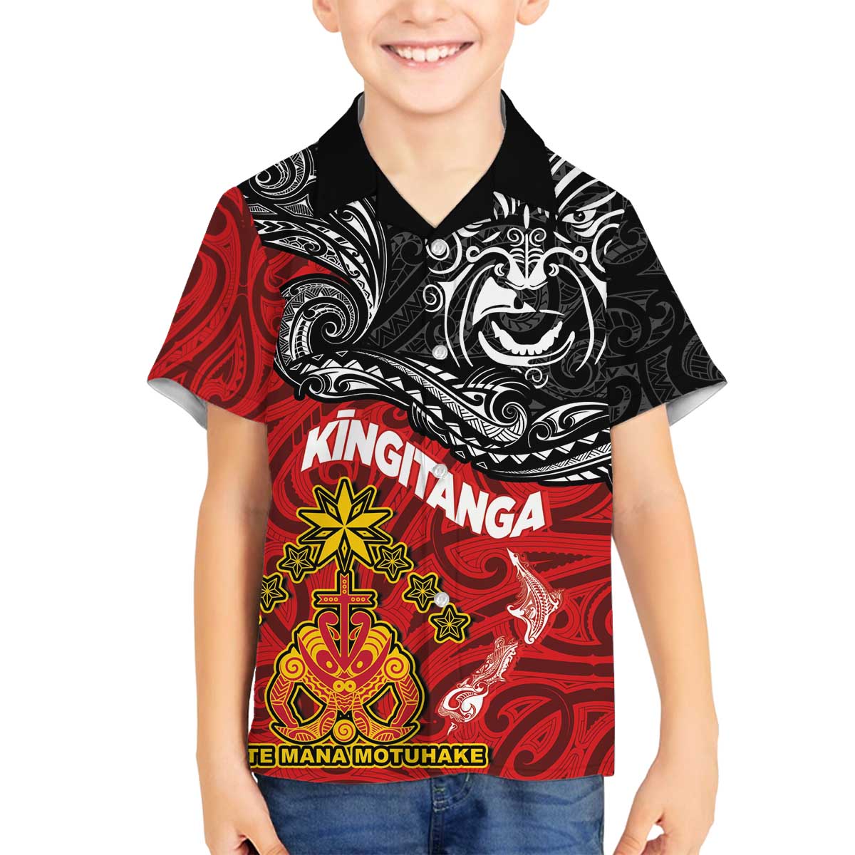 Maori King Movement Family Matching Off The Shoulder Long Sleeve Dress and Hawaiian Shirt Ko Te Mana Motuhake Emblem with Moko and Polynesian Art Tattoo LT03 Son's Shirt Red - Polynesian Pride