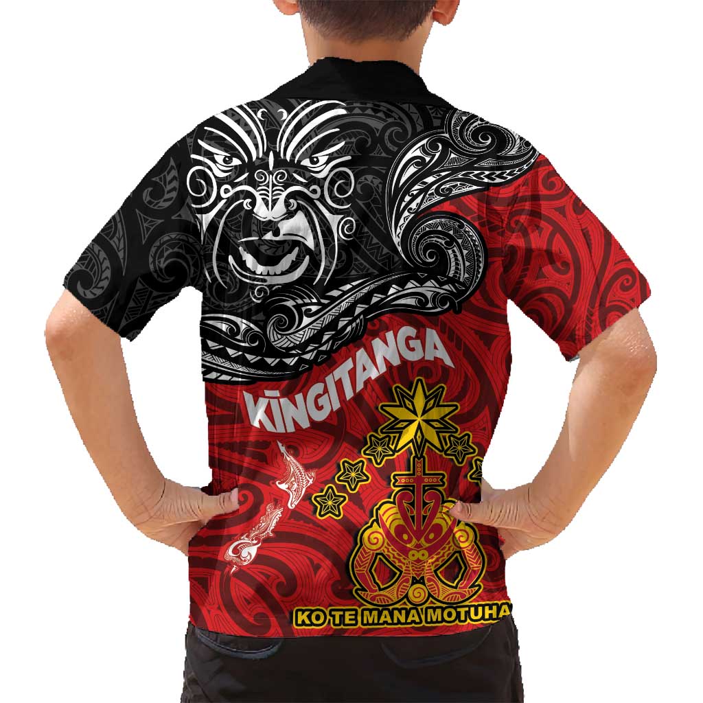 The Kingitanga - Maori King Movement Family Matching Off Shoulder Short Dress and Hawaiian Shirt Ko Te Mana Motuhake Emblem with Moko and Polynesian Art Tattoo