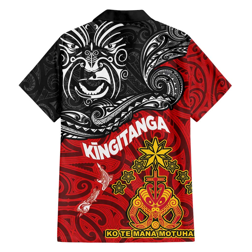 The Kingitanga - Maori King Movement Family Matching Off Shoulder Short Dress and Hawaiian Shirt Ko Te Mana Motuhake Emblem with Moko and Polynesian Art Tattoo