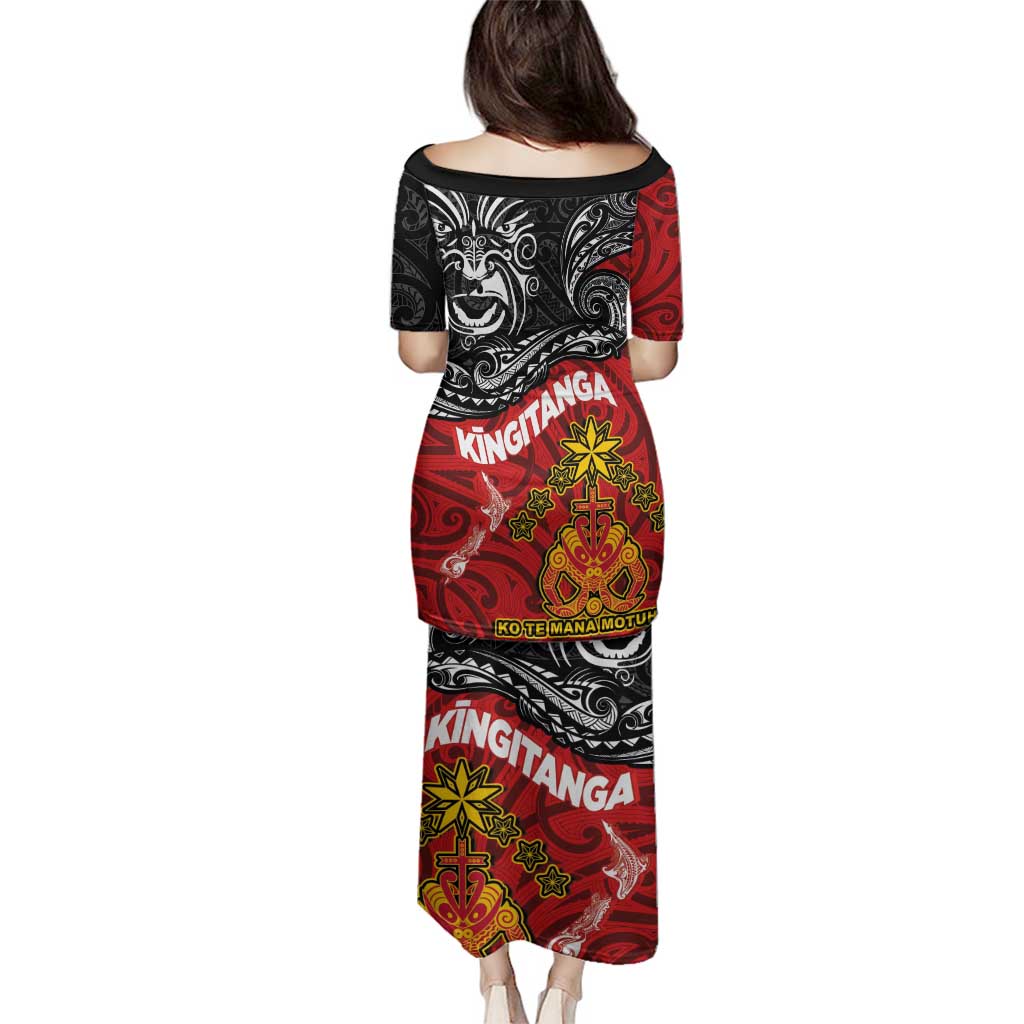 The Kingitanga - Maori King Movement Family Matching Puletasi and Hawaiian Shirt Ko Te Mana Motuhake Emblem with Moko and Polynesian Art Tattoo