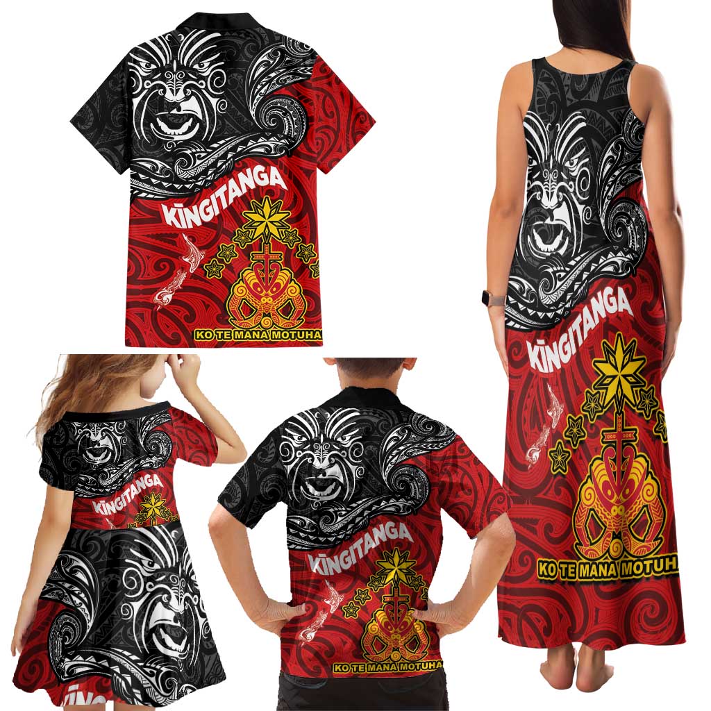 The Kingitanga - Maori King Movement Family Matching Tank Maxi Dress and Hawaiian Shirt Ko Te Mana Motuhake Emblem with Moko and Polynesian Art Tattoo