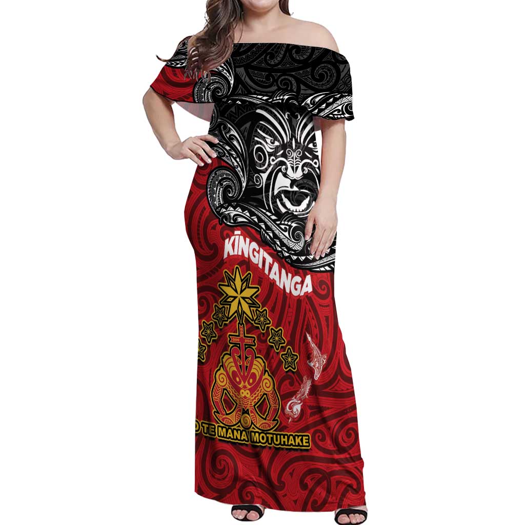 The Kingitanga - Maori King Movement Off Shoulder Maxi Dress Ko Te Mana Motuhake Emblem with Moko and Polynesian Art Tattoo