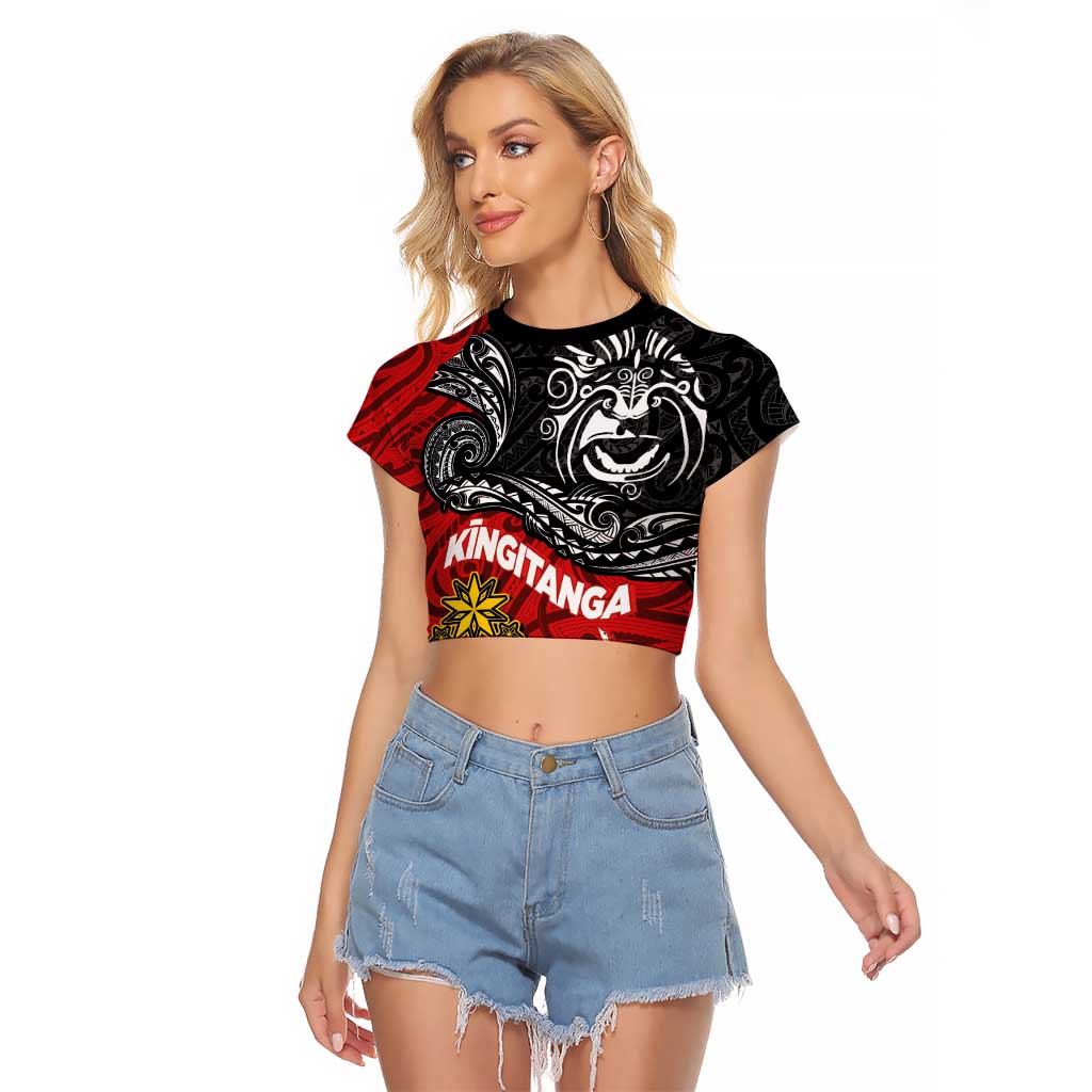 The Kingitanga - Maori King Movement Raglan Cropped T Shirt Ko Te Mana Motuhake Emblem with Moko and Polynesian Art Tattoo