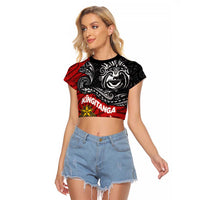 Maori King Movement Raglan Cropped T Shirt Ko Te Mana Motuhake Emblem with Moko and Polynesian Art Tattoo LT03 Female Red - Polynesian Pride