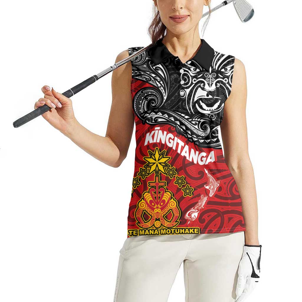 The Kingitanga - Maori King Movement Women Sleeveless Polo Shirt Ko Te Mana Motuhake Emblem with Moko and Polynesian Art Tattoo