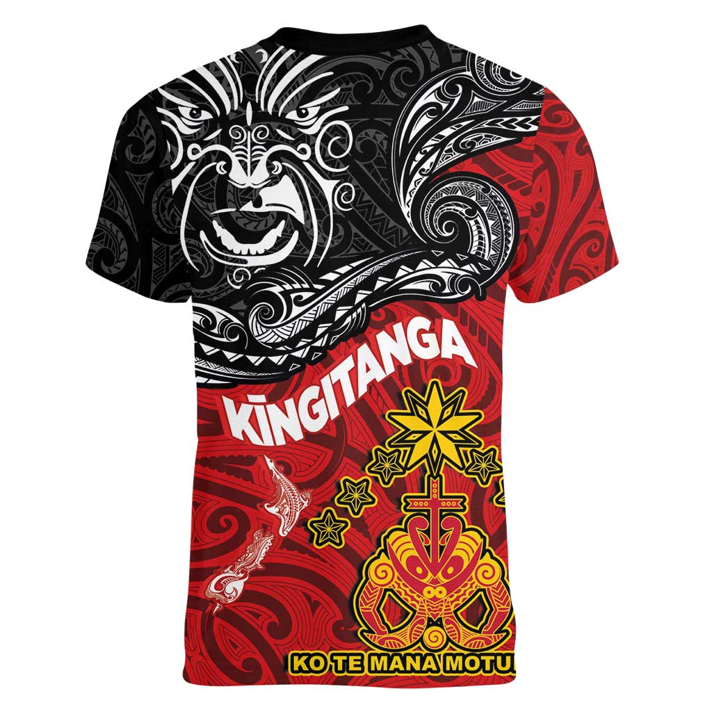 Maori King Movement Women V-Neck T-Shirt Ko Te Mana Motuhake Emblem with Moko and Polynesian Art Tattoo LT03 - Polynesian Pride