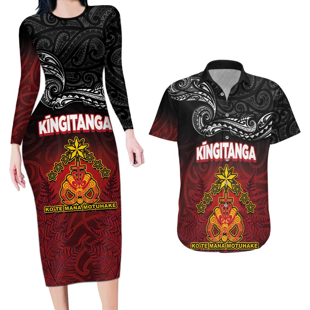 Personalised The Kingitanga - Maori King Movement Couples Matching Long Sleeve Bodycon Dress and Hawaiian Shirt Ko Te Mana Motuhake Emblem with Silver Ferns and Polynesian Art Tattoo