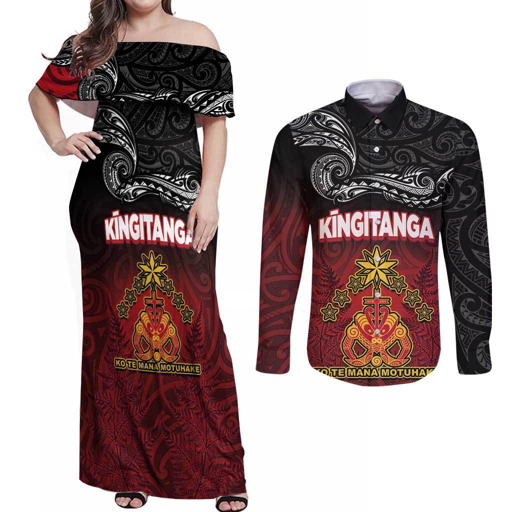 Personalised The Kingitanga - Maori King Movement Couples Matching Off Shoulder Maxi Dress and Long Sleeve Button Shirt Ko Te Mana Motuhake Emblem with Silver Ferns and Polynesian Art Tattoo