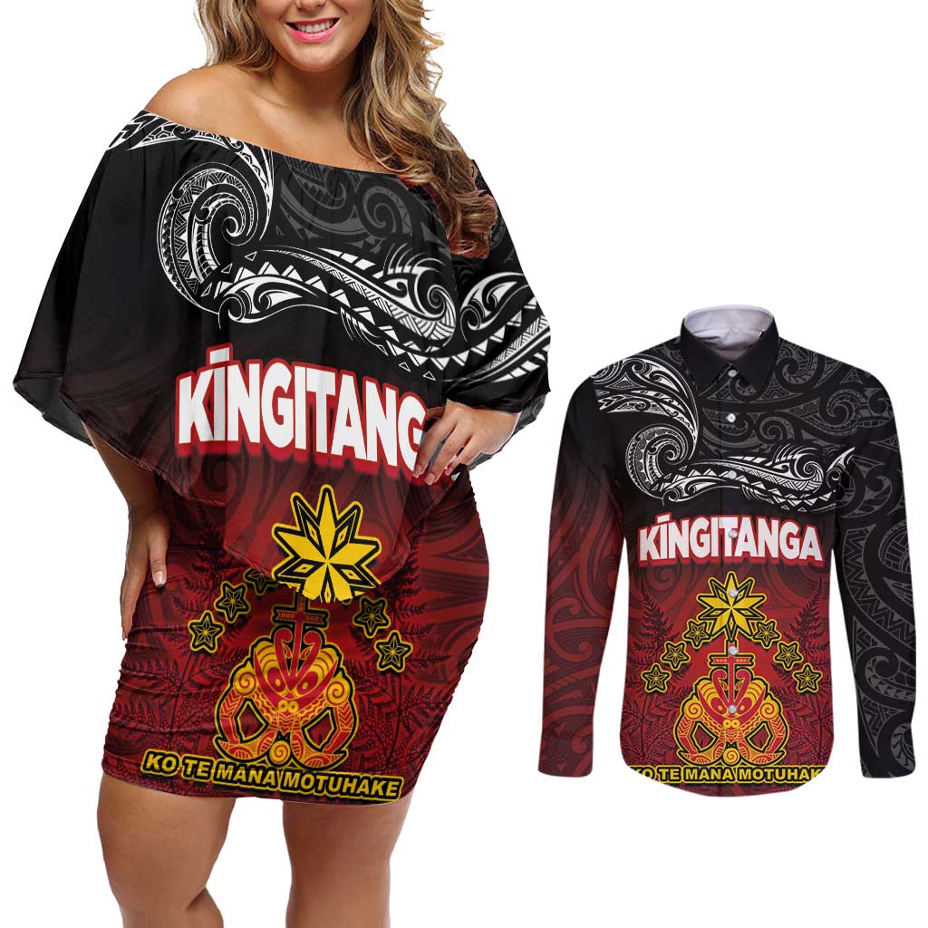 Personalised The Kingitanga - Maori King Movement Couples Matching Off Shoulder Short Dress and Long Sleeve Button Shirt Ko Te Mana Motuhake Emblem with Silver Ferns and Polynesian Art Tattoo