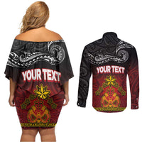 Personalised The Kingitanga - Maori King Movement Couples Matching Off Shoulder Short Dress and Long Sleeve Button Shirt Ko Te Mana Motuhake Emblem with Silver Ferns and Polynesian Art Tattoo