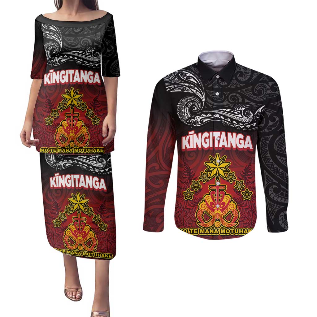 Personalised The Kingitanga - Maori King Movement Couples Matching Puletasi and Long Sleeve Button Shirt Ko Te Mana Motuhake Emblem with Silver Ferns and Polynesian Art Tattoo