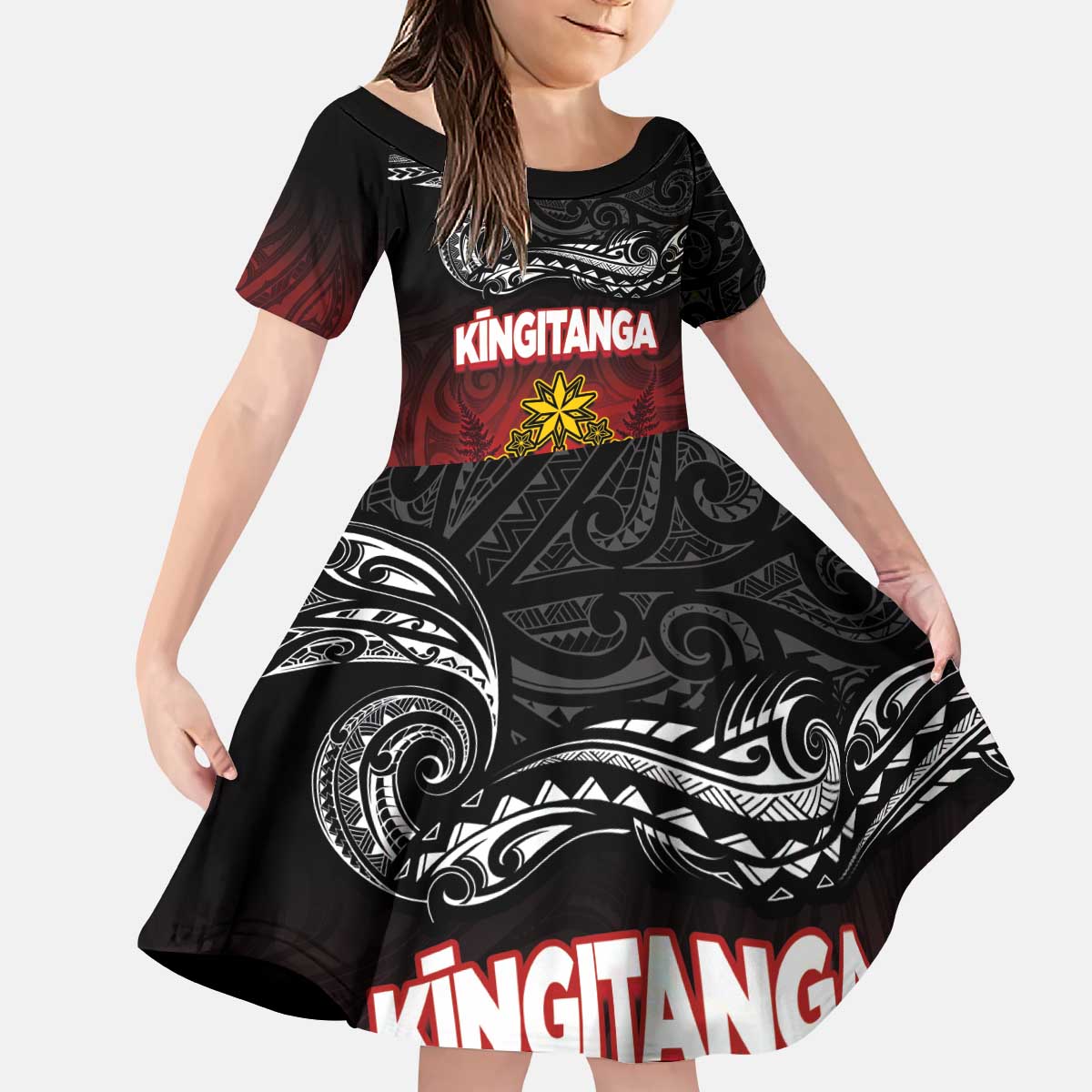 Personalised Maori King Movement Kid Short Sleeve Dress Ko Te Mana Motuhake Emblem with Silver Ferns and Polynesian Art Tattoo LT03 KID Red - Polynesian Pride