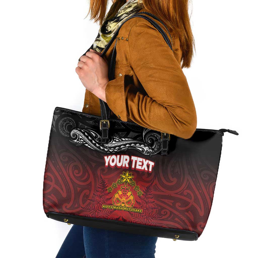 Personalised The Kingitanga - Maori King Movement Leather Tote Bag Ko Te Mana Motuhake Emblem with Silver Ferns and Polynesian Art Tattoo