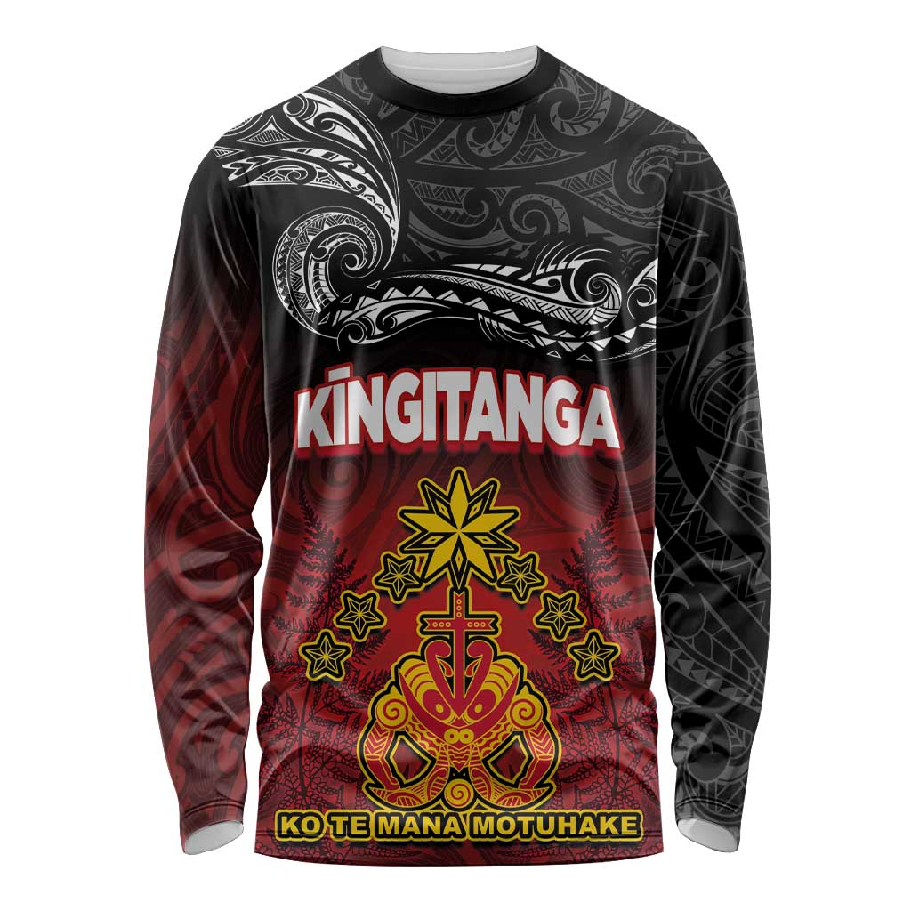 Personalised The Kingitanga - Maori King Movement Long Sleeve Shirt Ko Te Mana Motuhake Emblem with Silver Ferns and Polynesian Art Tattoo