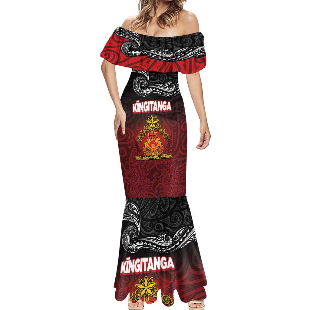 Personalised Maori King Movement Mermaid Dress Ko Te Mana Motuhake Emblem with Silver Ferns and Polynesian Art Tattoo LT03 - Polynesian Pride