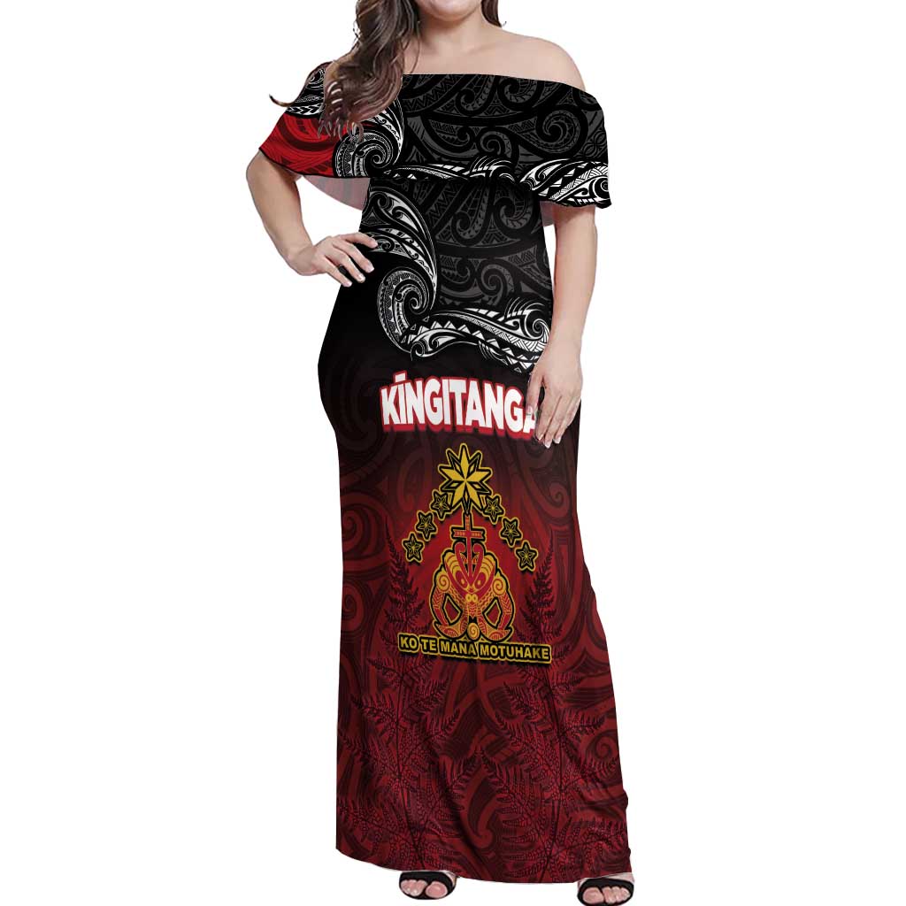 Personalised The Kingitanga - Maori King Movement Off Shoulder Maxi Dress Ko Te Mana Motuhake Emblem with Silver Ferns and Polynesian Art Tattoo