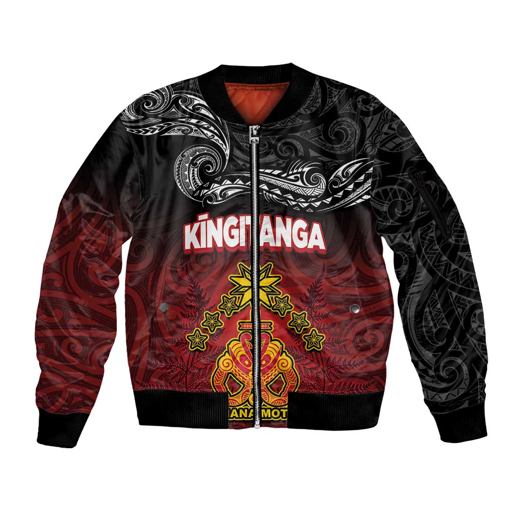 Personalised The Kingitanga - Maori King Movement Sleeve Zip Bomber Jacket Ko Te Mana Motuhake Emblem with Silver Ferns and Polynesian Art Tattoo