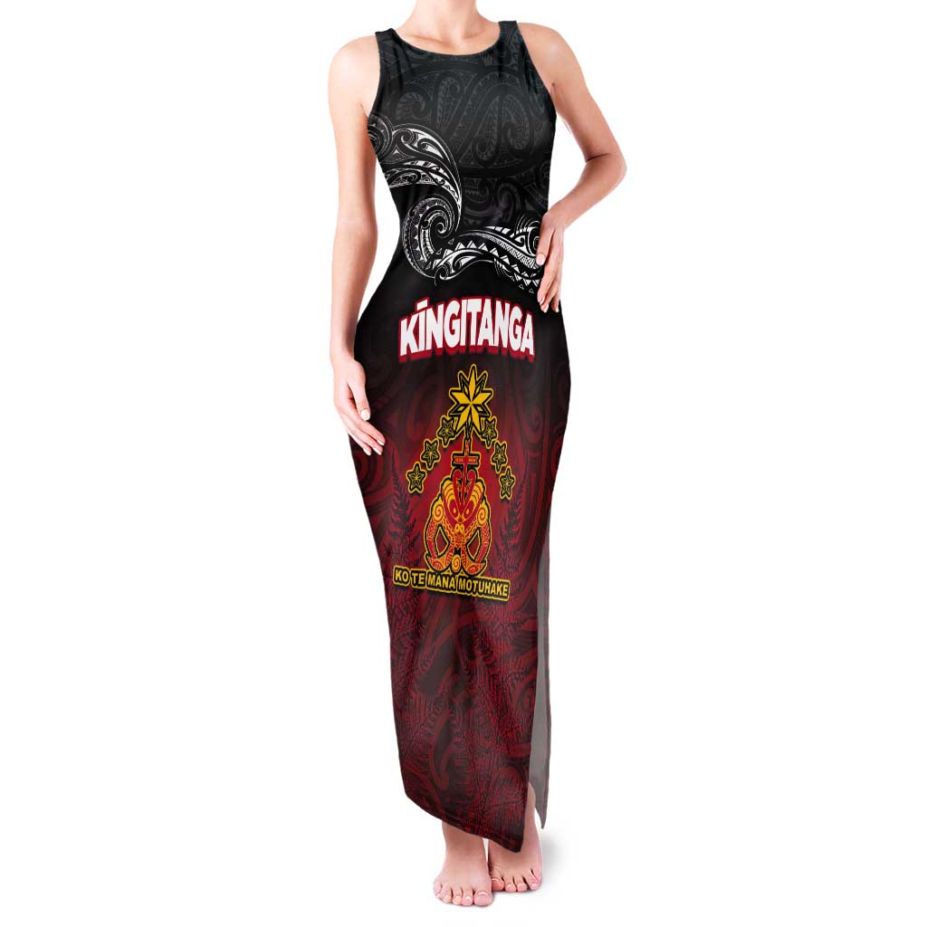 Personalised The Kingitanga - Maori King Movement Tank Maxi Dress Ko Te Mana Motuhake Emblem with Silver Ferns and Polynesian Art Tattoo