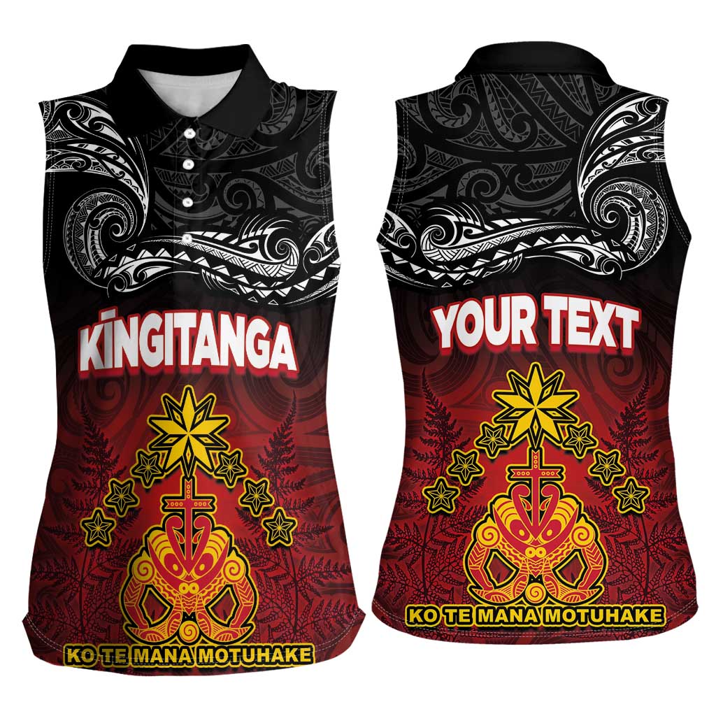 Personalised The Kingitanga - Maori King Movement Women Sleeveless Polo Shirt Ko Te Mana Motuhake Emblem with Silver Ferns and Polynesian Art Tattoo