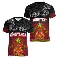 Personalised Maori King Movement Women V-Neck T-Shirt Ko Te Mana Motuhake Emblem with Silver Ferns and Polynesian Art Tattoo LT03 - Polynesian Pride