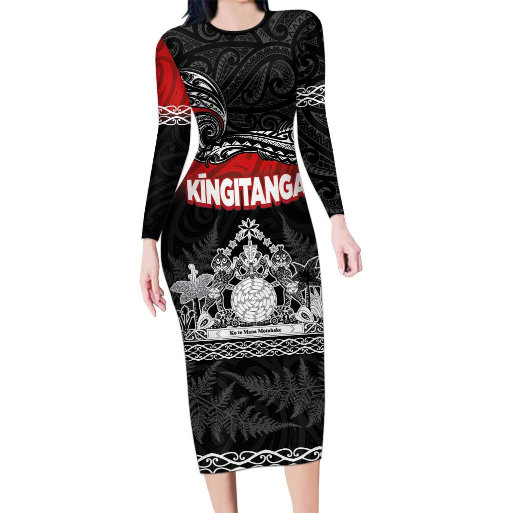 Personalised Maori King Movement Long Sleeve Bodycon Dress Te Paki-o-Matariki with Silver Ferns and Polynesian Art Tattoo LT03 Long Dress Red - Polynesian Pride