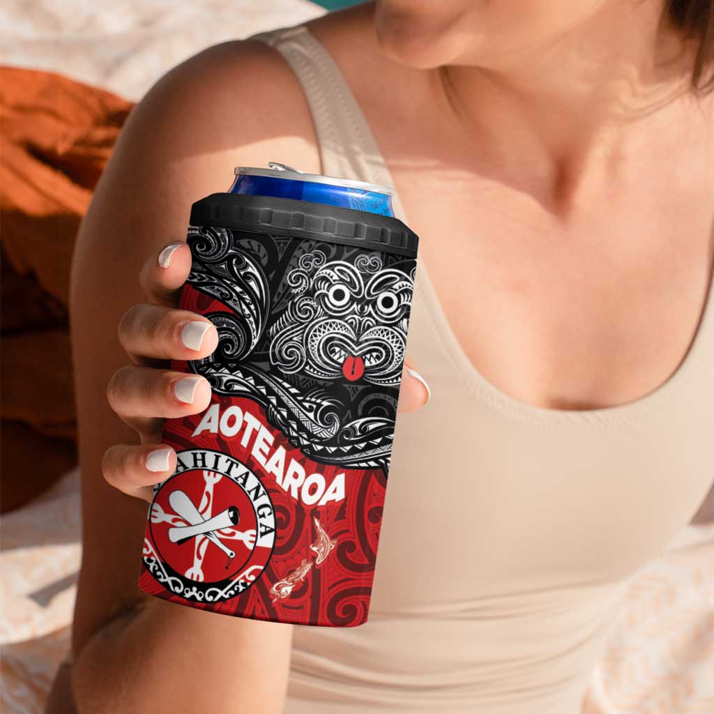 Maori Kotahitanga 4 in 1 Can Cooler Tumbler Aotearoa Spirit with Maori Mask and Polynesian Art Tattoo LT03