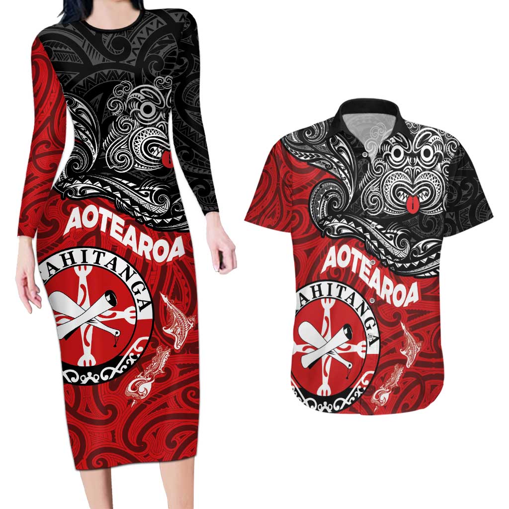 Maori Kotahitanga Couples Matching Long Sleeve Bodycon Dress and Hawaiian Shirt Aotearoa Spirit with Maori Mask and Polynesian Art Tattoo