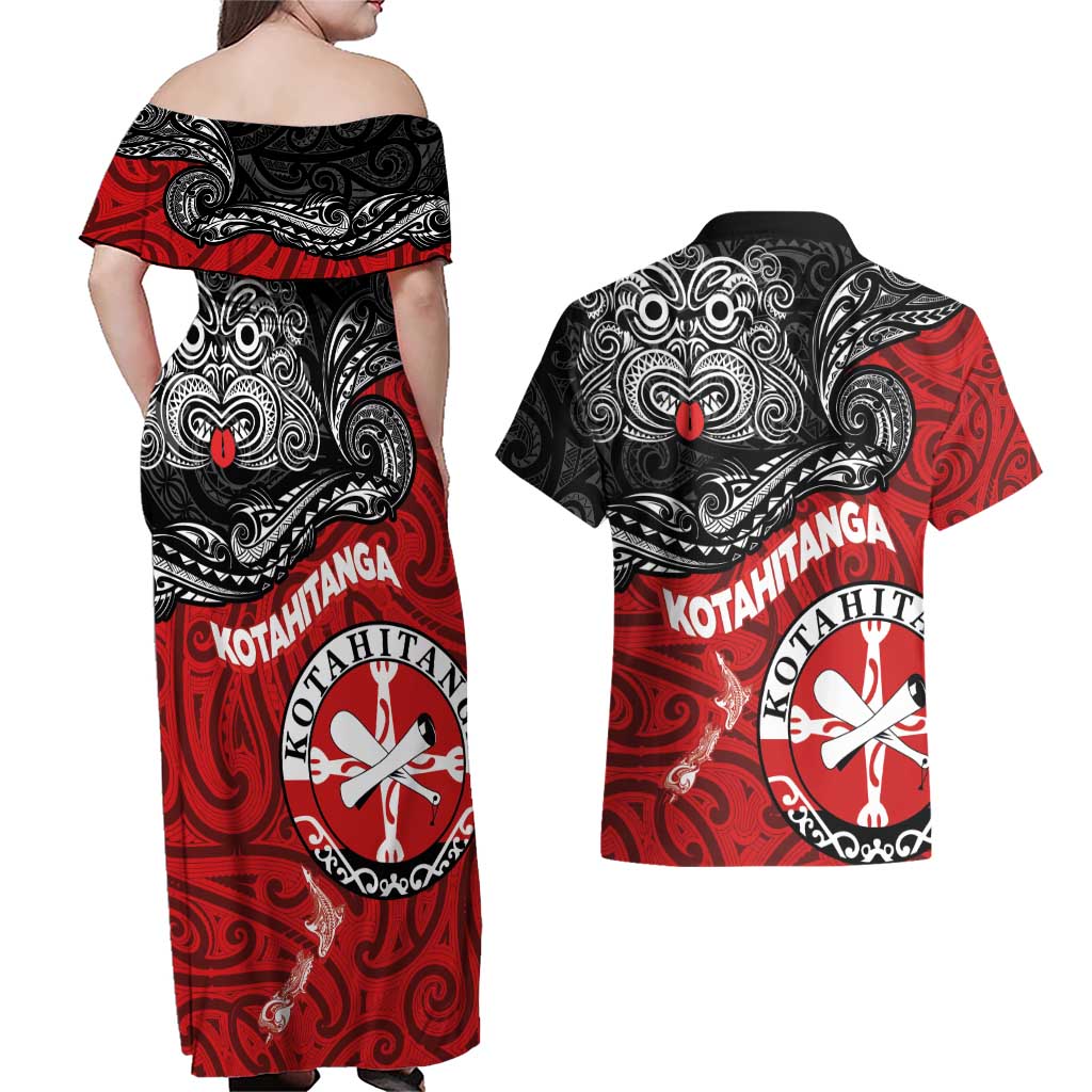 Maori Kotahitanga Couples Matching Off Shoulder Maxi Dress and Hawaiian Shirt Aotearoa Spirit with Maori Mask and Polynesian Art Tattoo