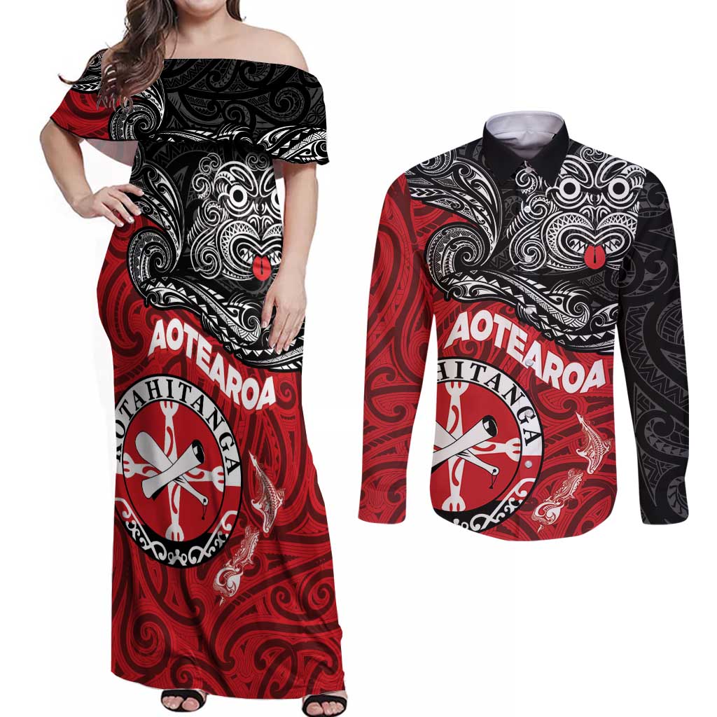 Maori Kotahitanga Couples Matching Off Shoulder Maxi Dress and Long Sleeve Button Shirt Aotearoa Spirit with Maori Mask and Polynesian Art Tattoo