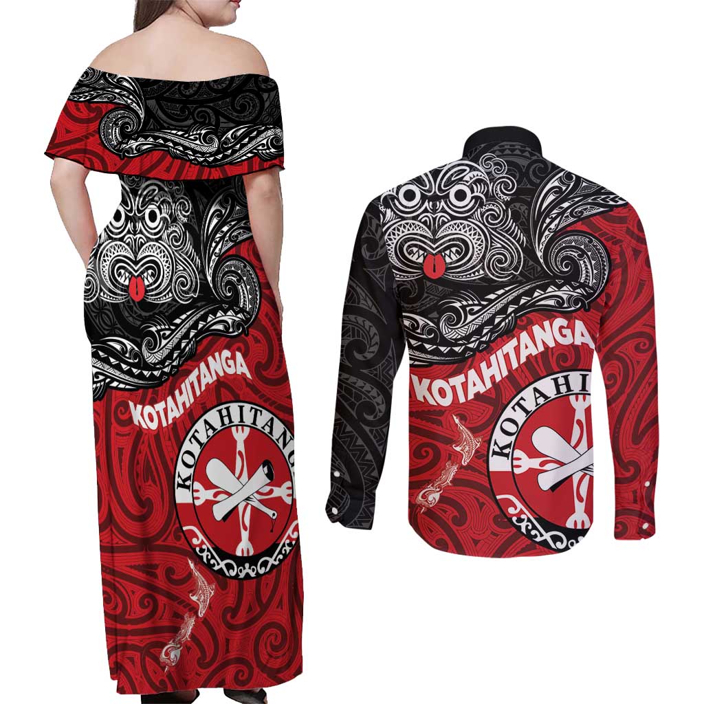 Maori Kotahitanga Couples Matching Off Shoulder Maxi Dress and Long Sleeve Button Shirt Aotearoa Spirit with Maori Mask and Polynesian Art Tattoo
