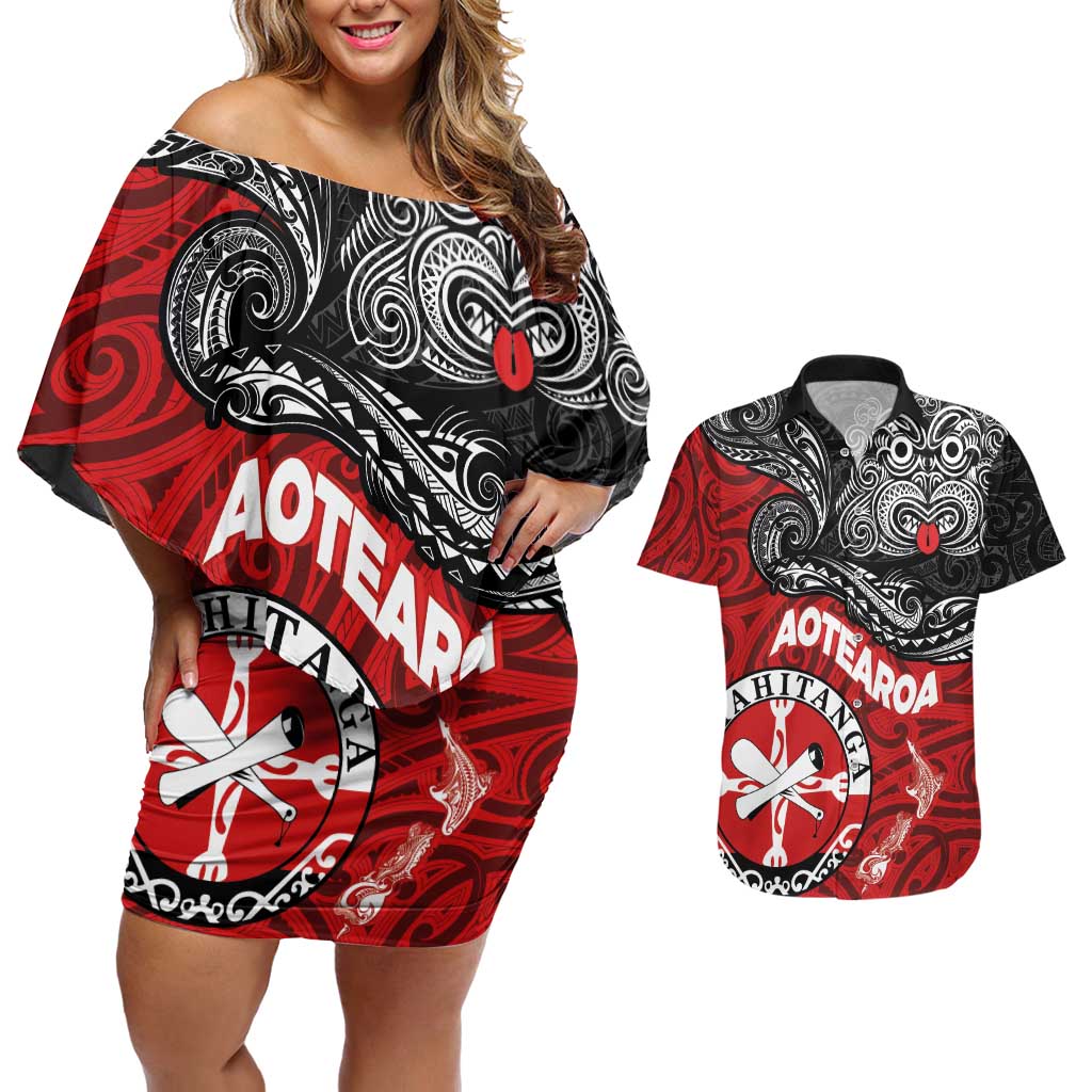 Maori Kotahitanga Couples Matching Off Shoulder Short Dress and Hawaiian Shirt Aotearoa Spirit with Maori Mask and Polynesian Art Tattoo