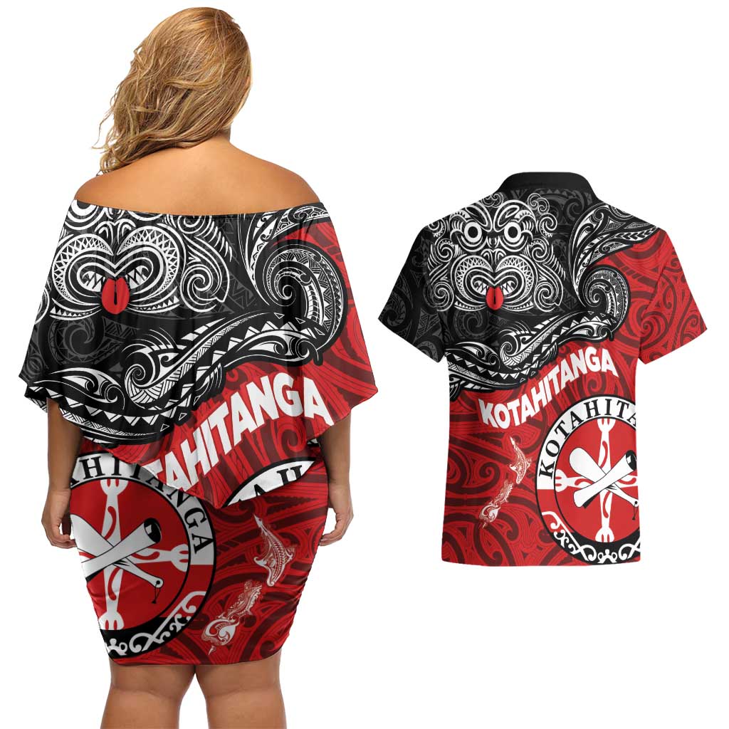 Maori Kotahitanga Couples Matching Off Shoulder Short Dress and Hawaiian Shirt Aotearoa Spirit with Maori Mask and Polynesian Art Tattoo