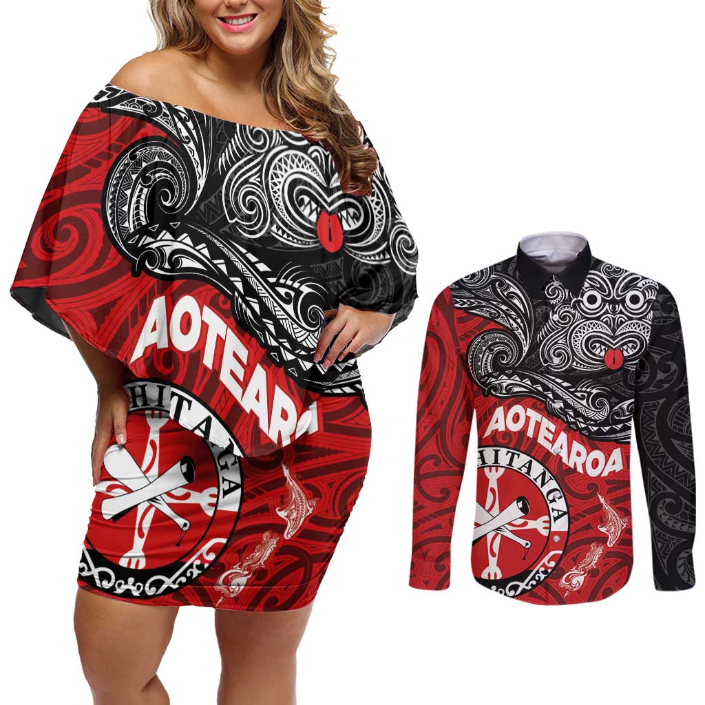 Maori Kotahitanga Couples Matching Off Shoulder Short Dress and Long Sleeve Button Shirt Aotearoa Spirit with Maori Mask and Polynesian Art Tattoo