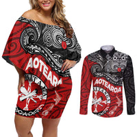 Maori Kotahitanga Couples Matching Off Shoulder Short Dress and Long Sleeve Button Shirt Aotearoa Spirit with Maori Mask and Polynesian Art Tattoo