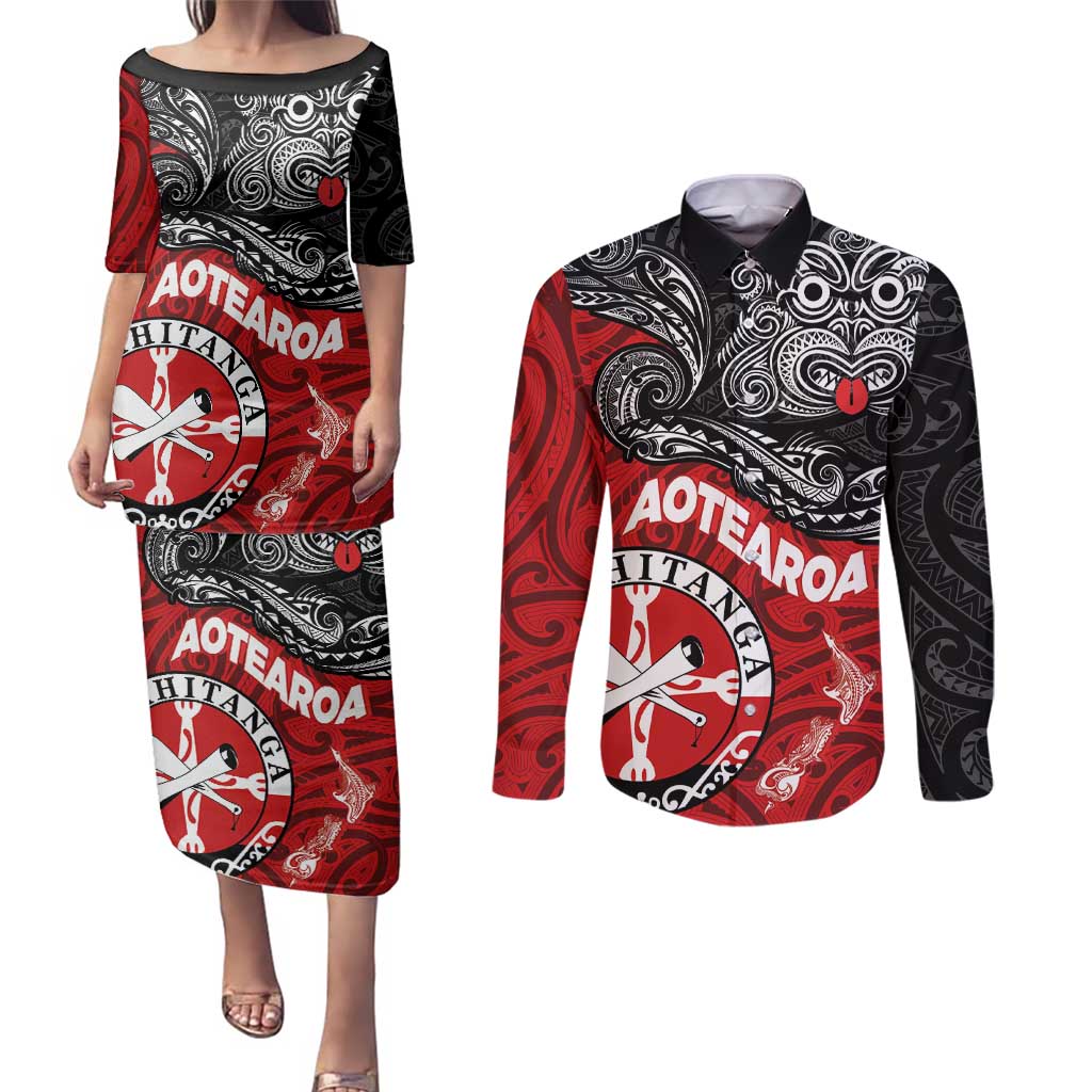 Maori Kotahitanga Couples Matching Puletasi and Long Sleeve Button Shirt Aotearoa Spirit with Maori Mask and Polynesian Art Tattoo