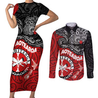 Maori Kotahitanga Couples Matching Short Sleeve Bodycon Dress and Long Sleeve Button Shirt Aotearoa Spirit with Maori Mask and Polynesian Art Tattoo