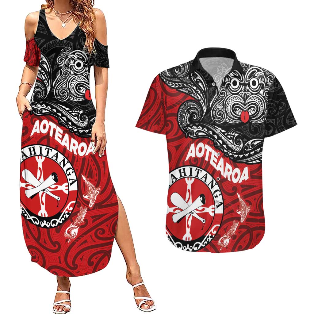 Maori Kotahitanga Couples Matching Summer Maxi Dress and Hawaiian Shirt Aotearoa Spirit with Maori Mask and Polynesian Art Tattoo