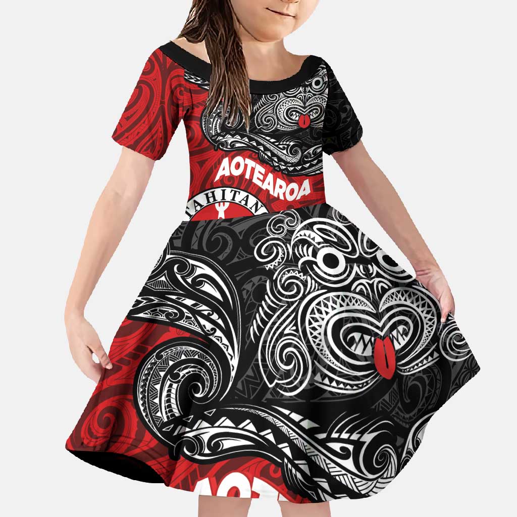 Maori Kotahitanga Family Matching Long Sleeve Bodycon Dress and Hawaiian Shirt Aotearoa Spirit with Maori Mask and Polynesian Art Tattoo LT03 Daughter's Dress Red - Polynesian Pride
