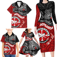 Maori Kotahitanga Family Matching Long Sleeve Bodycon Dress and Hawaiian Shirt Aotearoa Spirit with Maori Mask and Polynesian Art Tattoo LT03 - Polynesian Pride