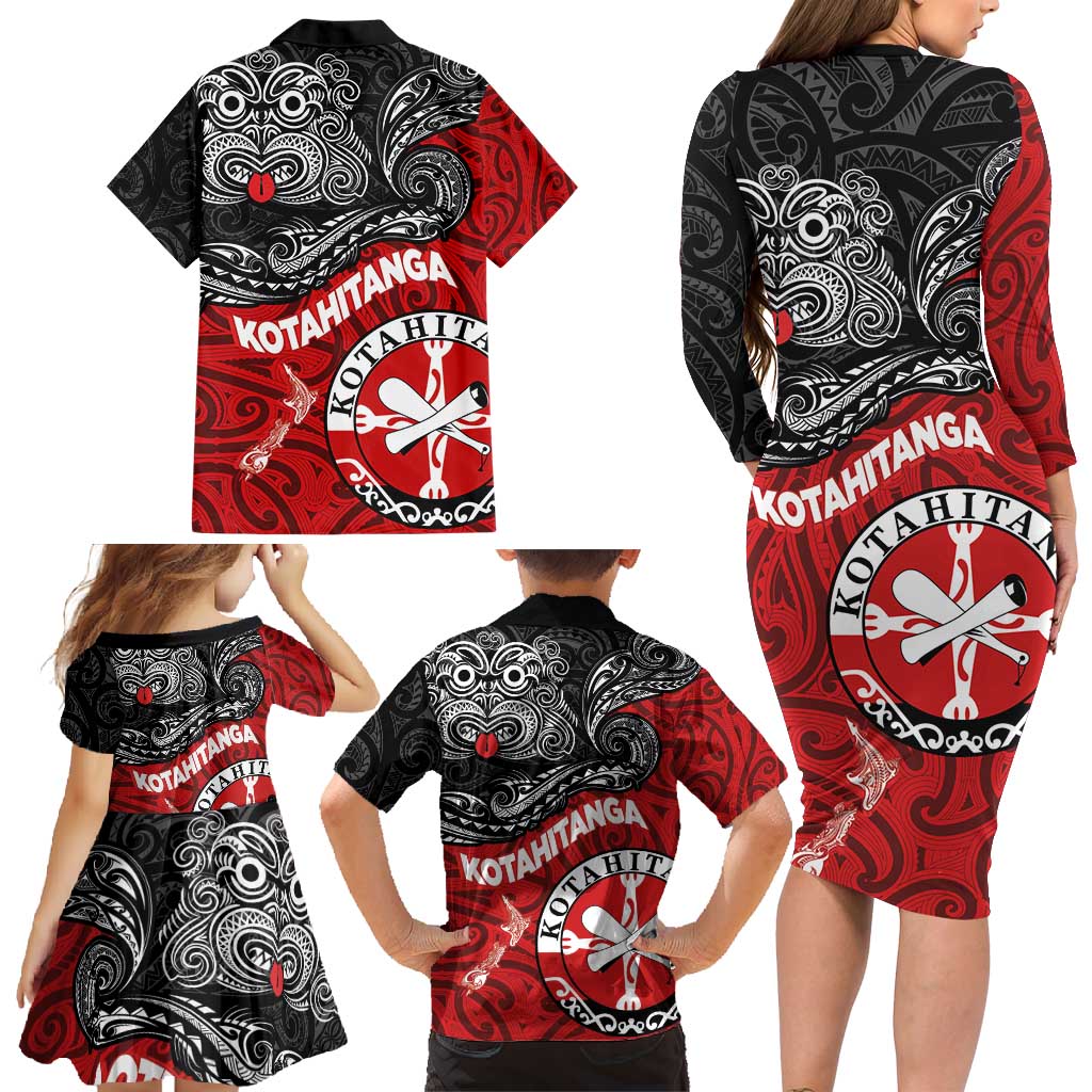 Maori Kotahitanga Family Matching Long Sleeve Bodycon Dress and Hawaiian Shirt Aotearoa Spirit with Maori Mask and Polynesian Art Tattoo LT03 - Polynesian Pride